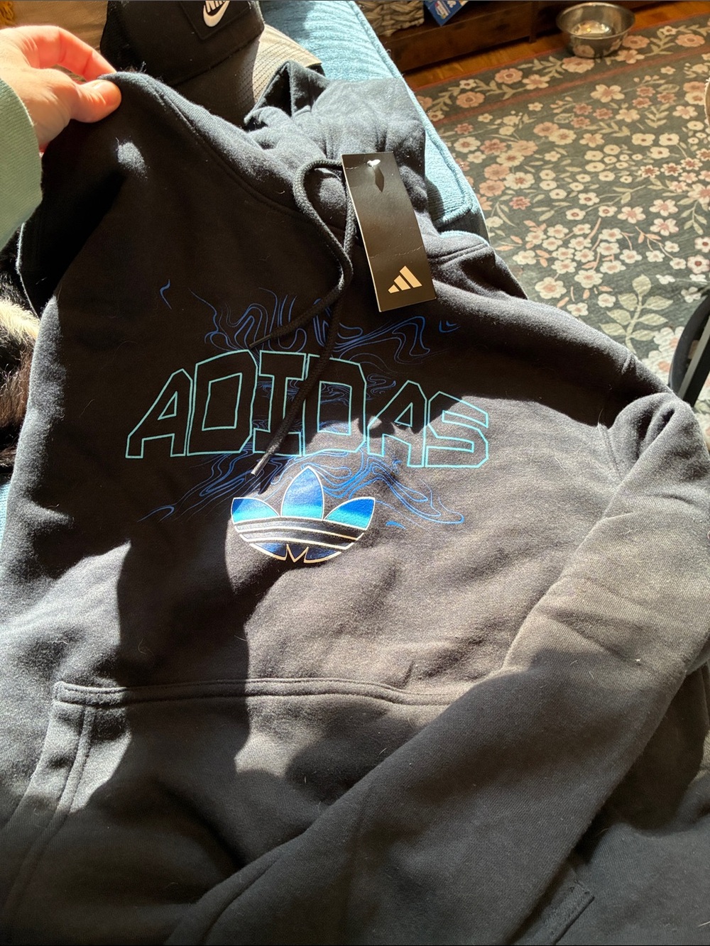 adidas Black Hoodie with Blue Trefoil Logo